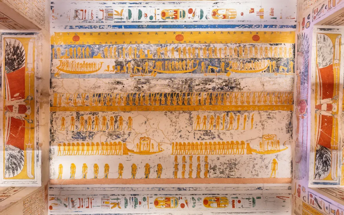 The astronomical ceiling of KV9, the tomb of Ramses V and VI, with the sky goddess Nut, seen on a Valley of the Kings tour