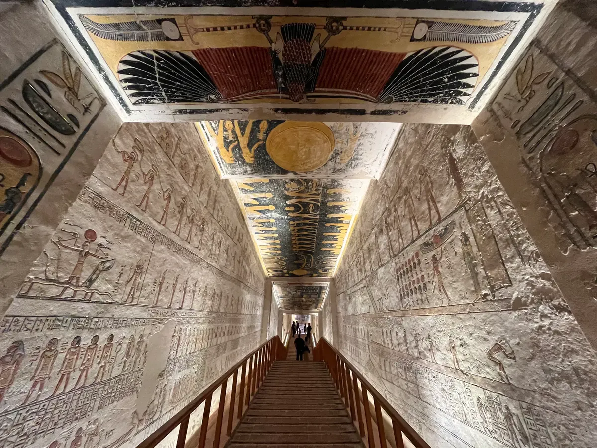 The steep painted corridor of tomb KV9 in the Valley of the Kings, seen on a Valley of the Kings tour