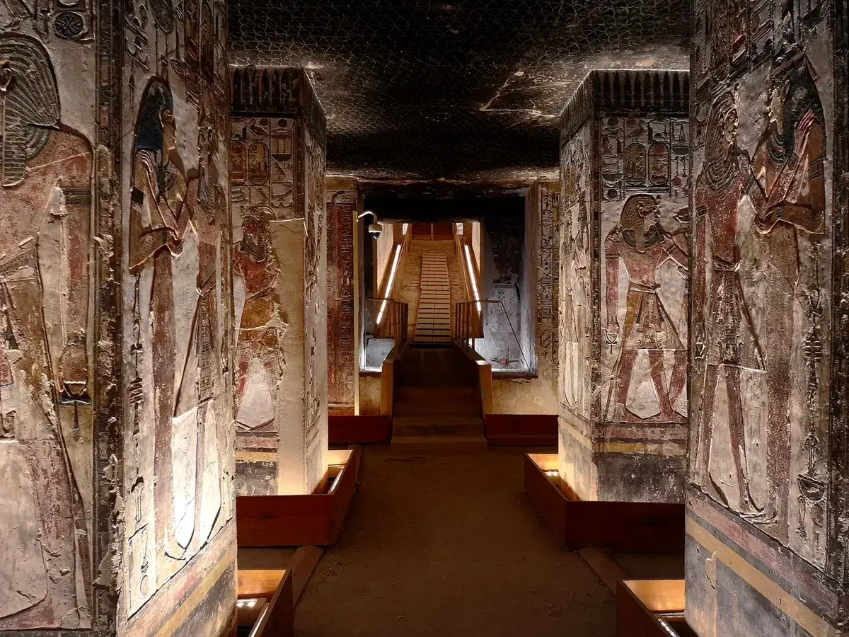 The long painted corridor and pillared chamber of the tomb of Seti I, KV17, seen on a Valley of the Kings tour