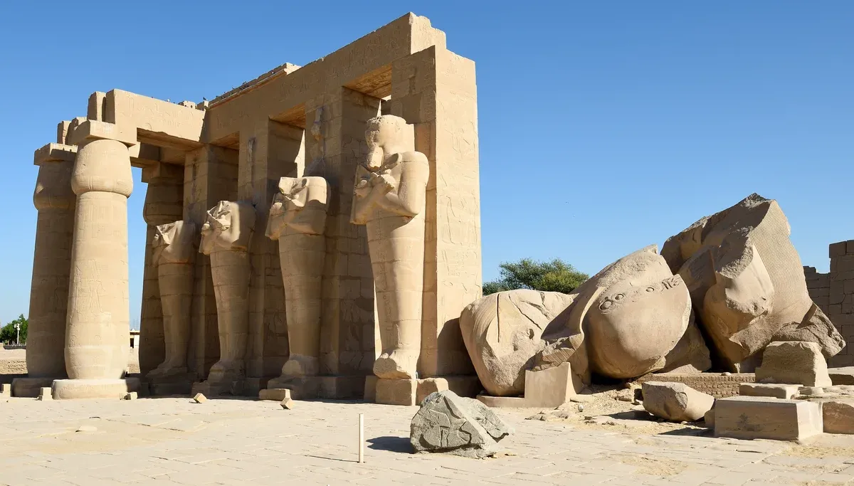 The Osiris pillars of the Ramesseum on the Luxor West Bank, seen on a Valley of the Kings tour